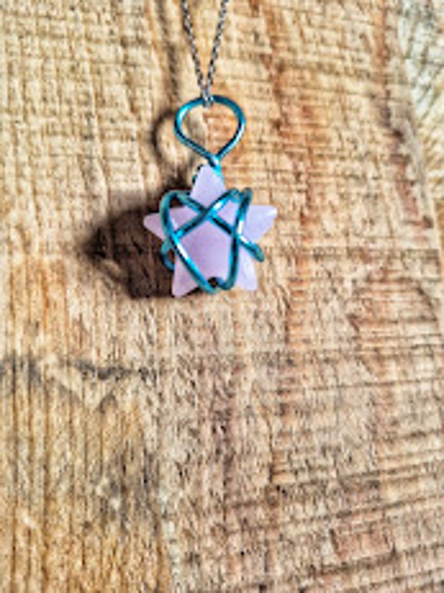 Pink Star Necklace – Handmade Resin Star with Blue Wire Wrap