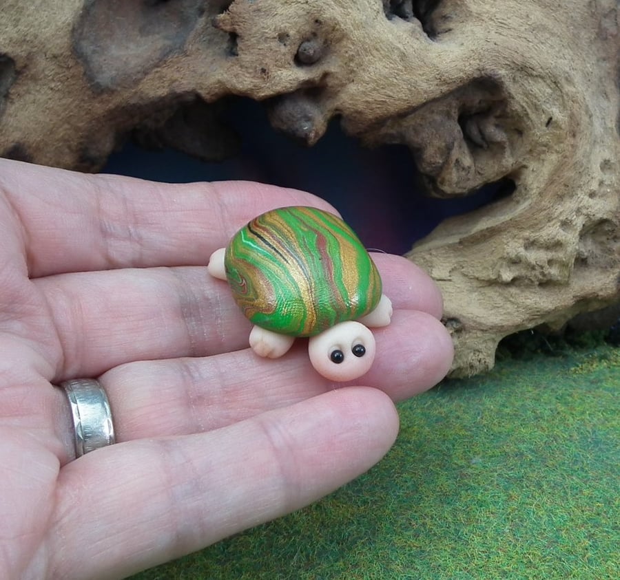 Spring Sale ... Tiny variegated tortoise 'Lonn' OOAK Sculpt by artist Ann Galvin