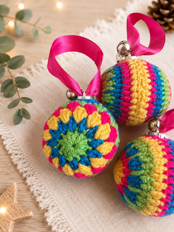 Set of 4 Handmade Crochet Christmas Baubles - Colourful Tree Decorations 