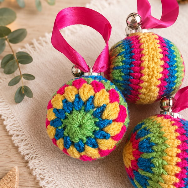 Set of 4 Handmade Crochet Christmas Baubles - Colourful Tree Decorations 