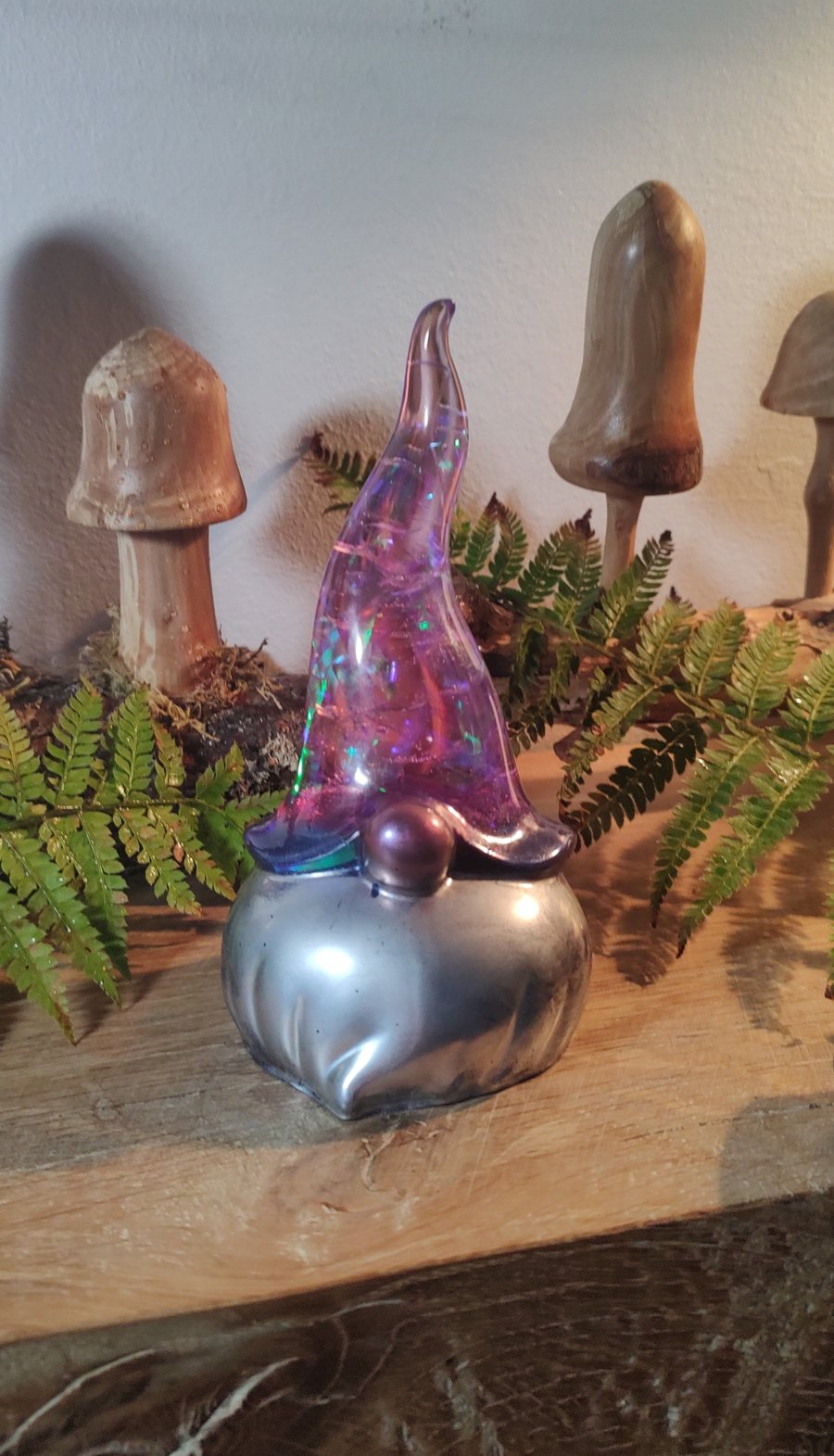 Resin Gonk - with a silver beard and iridescent pink themed hat