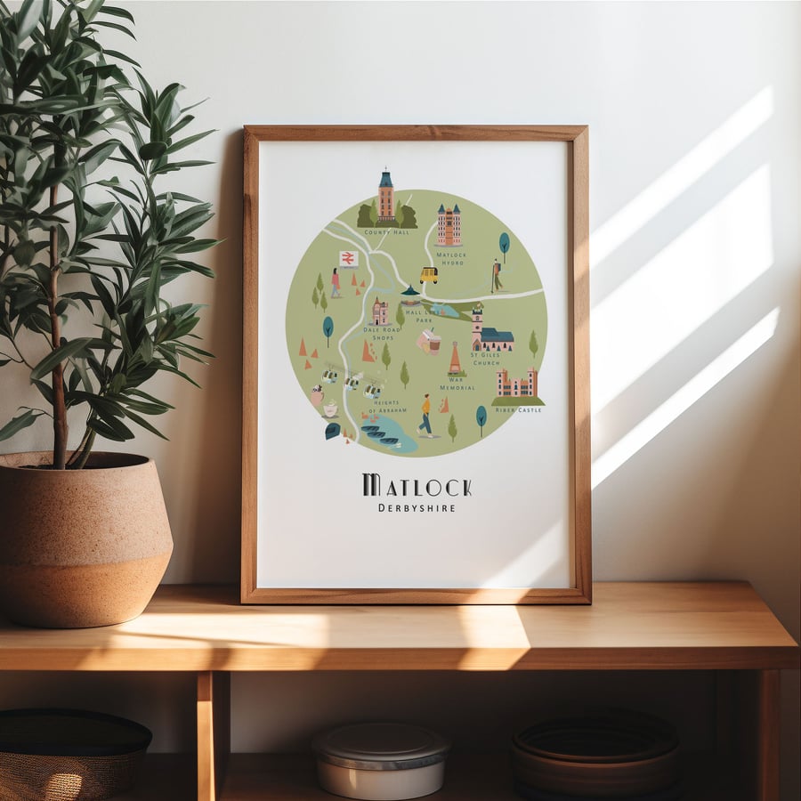 Matlock Derbyshire - Illustrated Map - Art Print