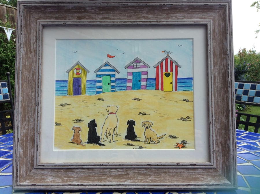 Labrador family on the beach. Framed Watercolour.