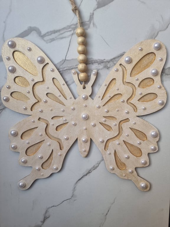 Butterfly Wall Decoration with Pearls, Wooden Ornament, Elegant Wall Decor