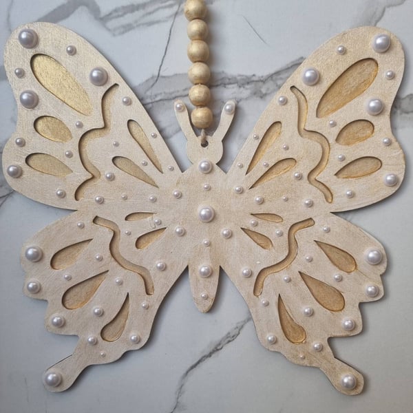Butterfly Wall Decoration with Pearls, Wooden Ornament, Elegant Wall Decor