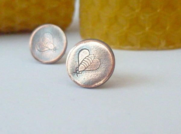 Copper Hand Stamped Bee Stud Earrings