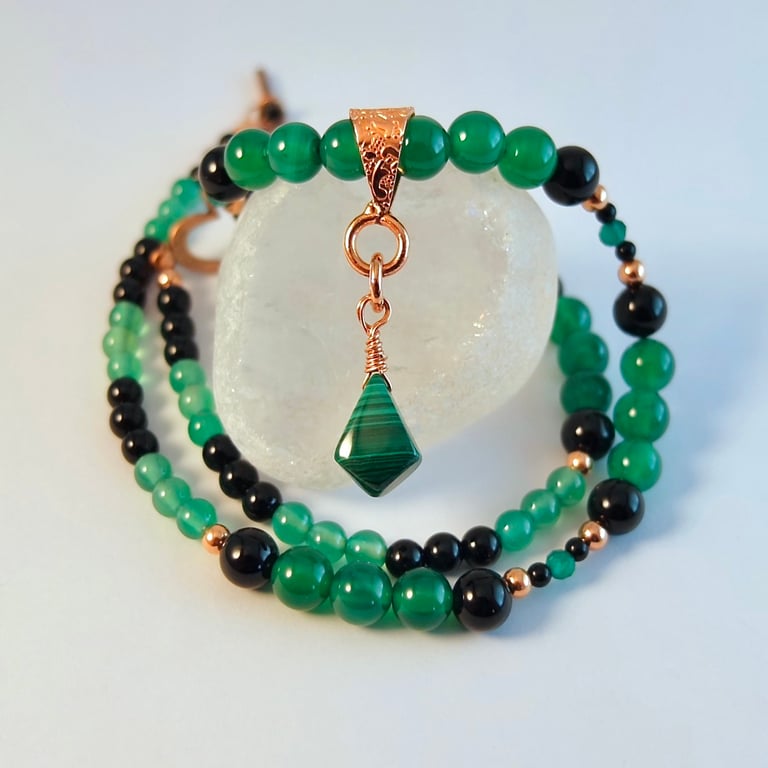 Onyx Necklace With Malachite Pendant, Anniversary, Birthday, Gifts For Her