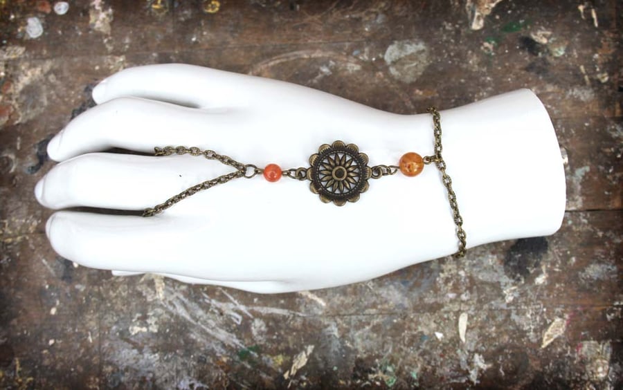 Flower Charm Orange Bead Bracelet Ring
