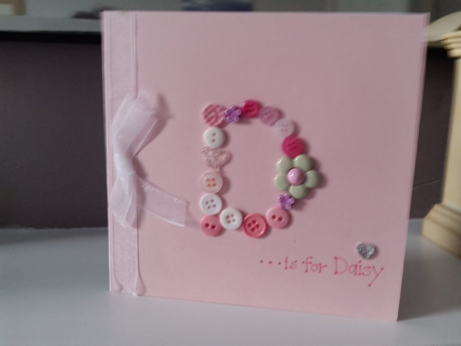 Little girls initial button personalised birthday card 