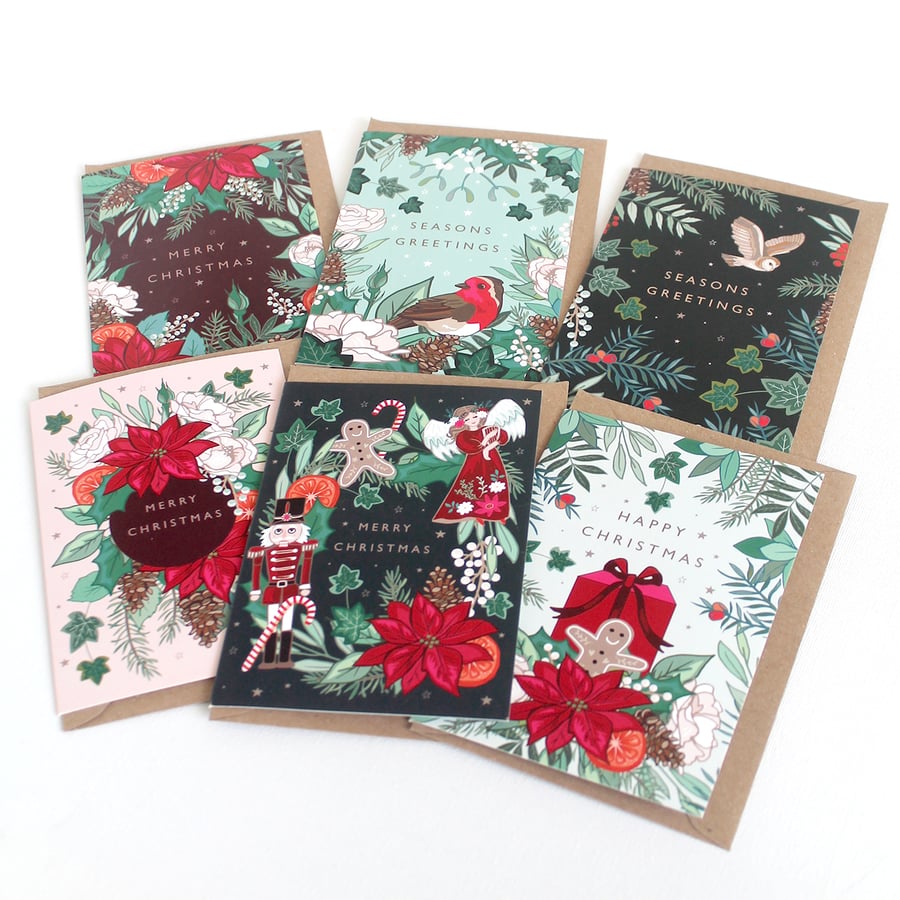 Set of 6 Woodland, Floral Christmas Cards