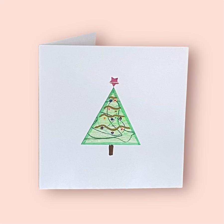 Christmas card - hand painted and pieced collage ‘Christmas Tree’