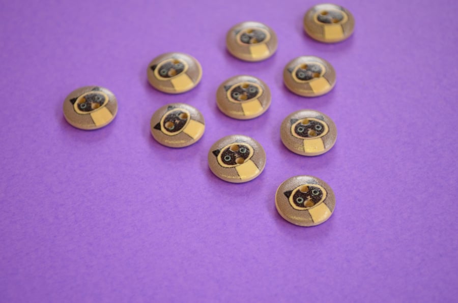 15mm Wooden Siamese Cat Buttons Grey Cream 10pk Pussy Kitten Kitty (SCT4)