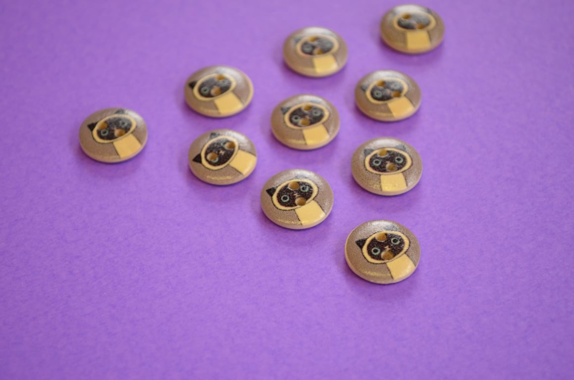 15mm Wooden Siamese Cat Buttons Grey Cream 10pk Pussy Kitten Kitty (SCT4)
