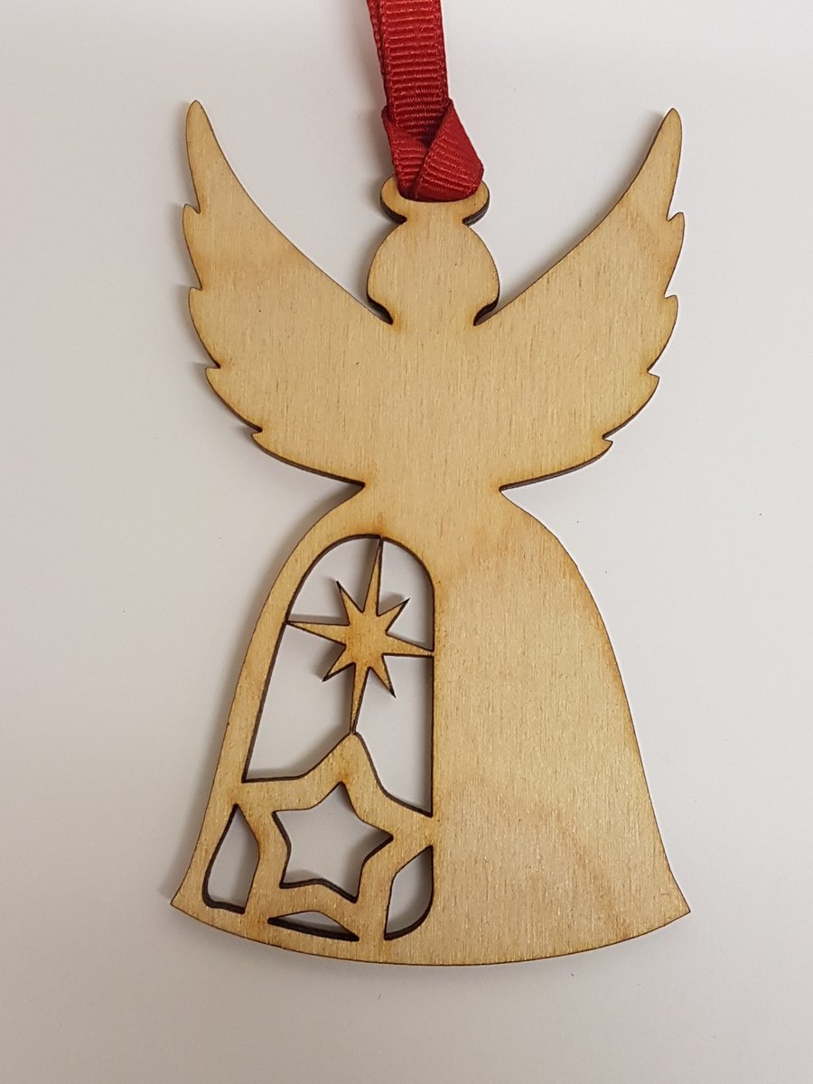 Birch Christmas Xmas Bauble Angel with stars - Laser cut wooden shape