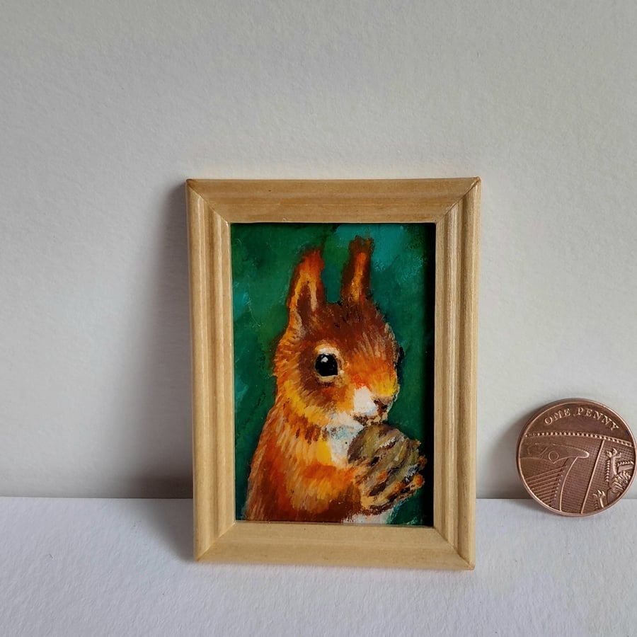 Red Squirrel and Walnut Miniature Oil Painting Original