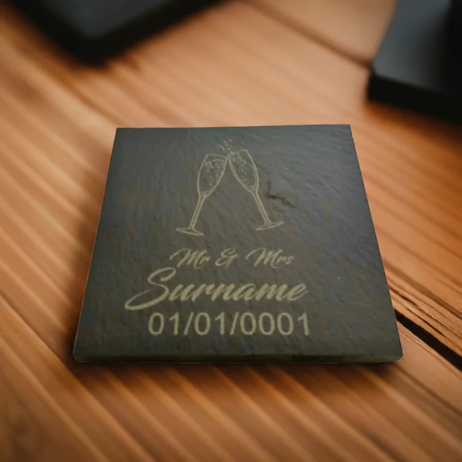 Set of 2 Wedding Slate Coasters Personalised. With Anti-skid Feet