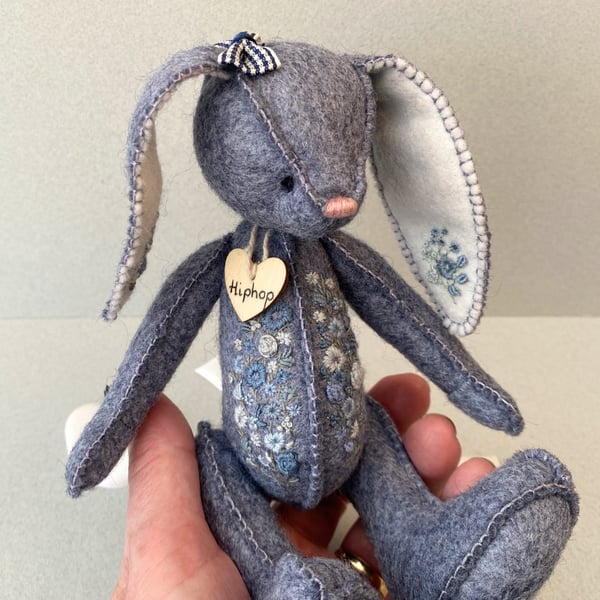 Hand sewn embroidered rabbit, ooak collectable bunny bear, stuffed rabbit