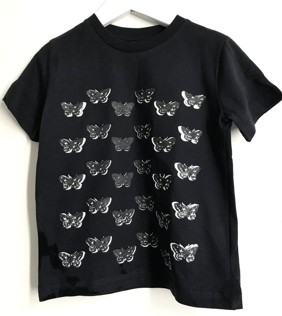 Moths Childrens T shirt organic cotton hand printed dark navy blue age 3-4 years