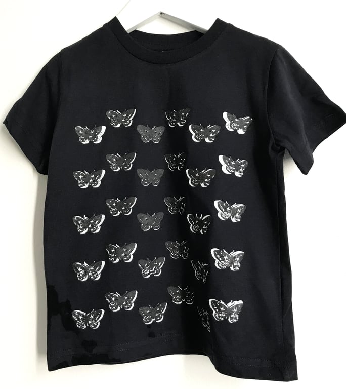 Moths Childrens T shirt organic cotton hand printed dark navy blue age 3-4 years