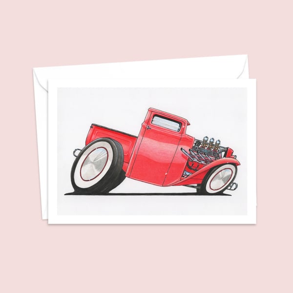 Red Pick Up Truck Greeting Card: Hand Drawn Classic American Design (411)