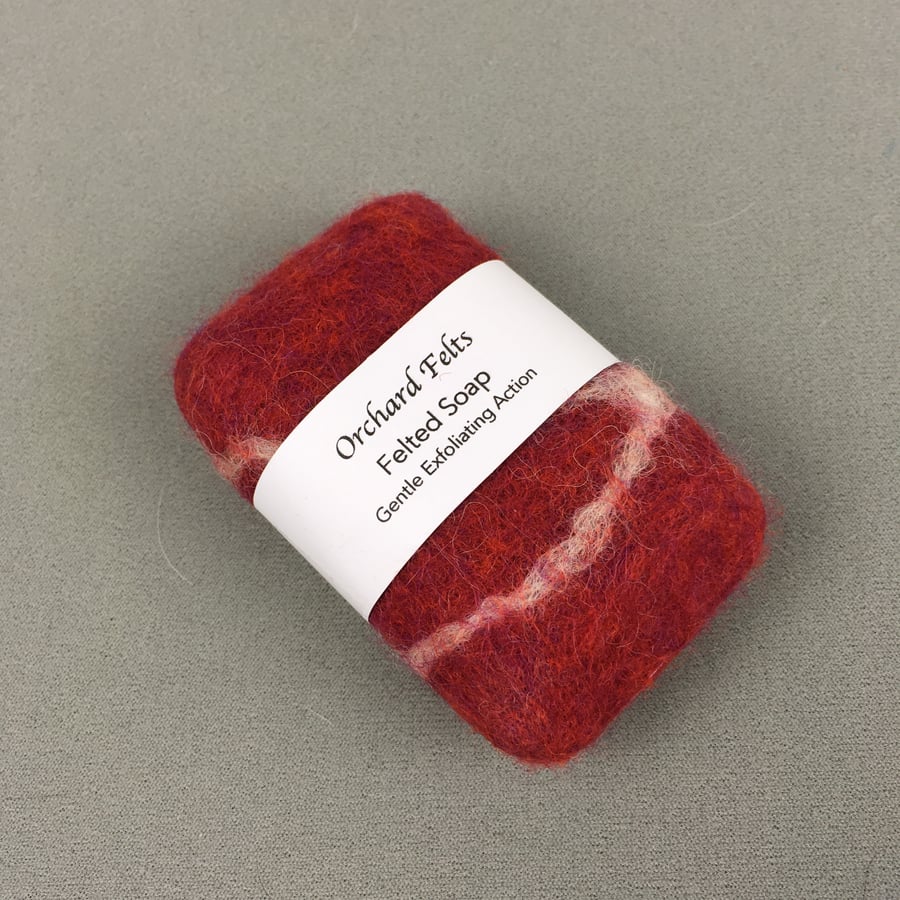 Felted pebble soap, red with white veins