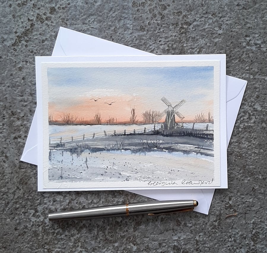 Blank Card. Handpainted Watercolour. Windmill. Soft Light