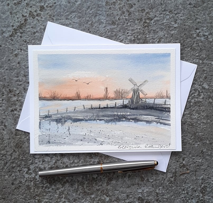 Blank Card. Handpainted Watercolour. Windmill. Soft Light