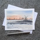 Blank Card. Handpainted Watercolour. Windmill. Soft Light