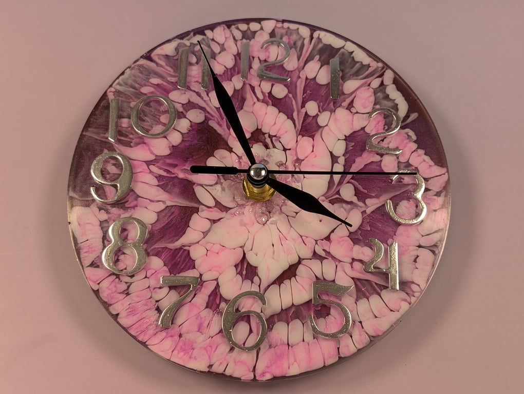 Handmade Resin Wall Clock – Bloom Design in Purple & Silver (15cm)