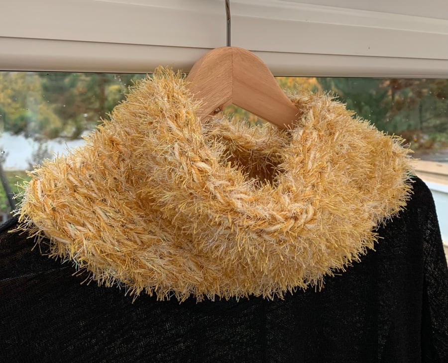 Knitted gold cowl, snood, neckwarmer, hand knitted, Christmas gift 