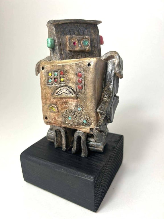 Handbuilt Ceramic Robot Sculpture - One-of-a-Kind Metallic Wobot