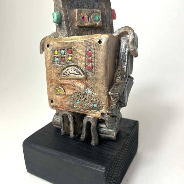 Handbuilt Ceramic Robot Sculpture - One-of-a-Kind Metallic Wobot