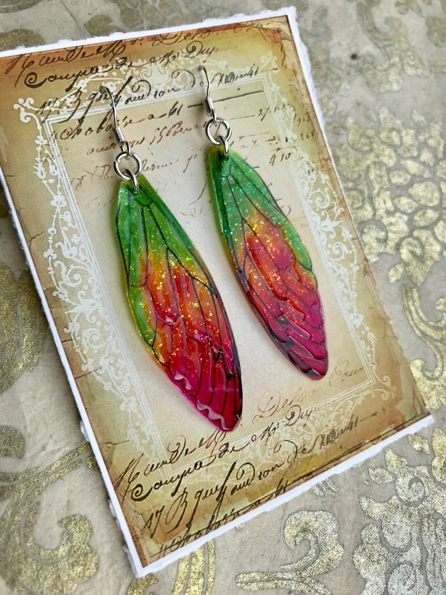 Pink and Green Fairy Wing Earrings Sterling Silver