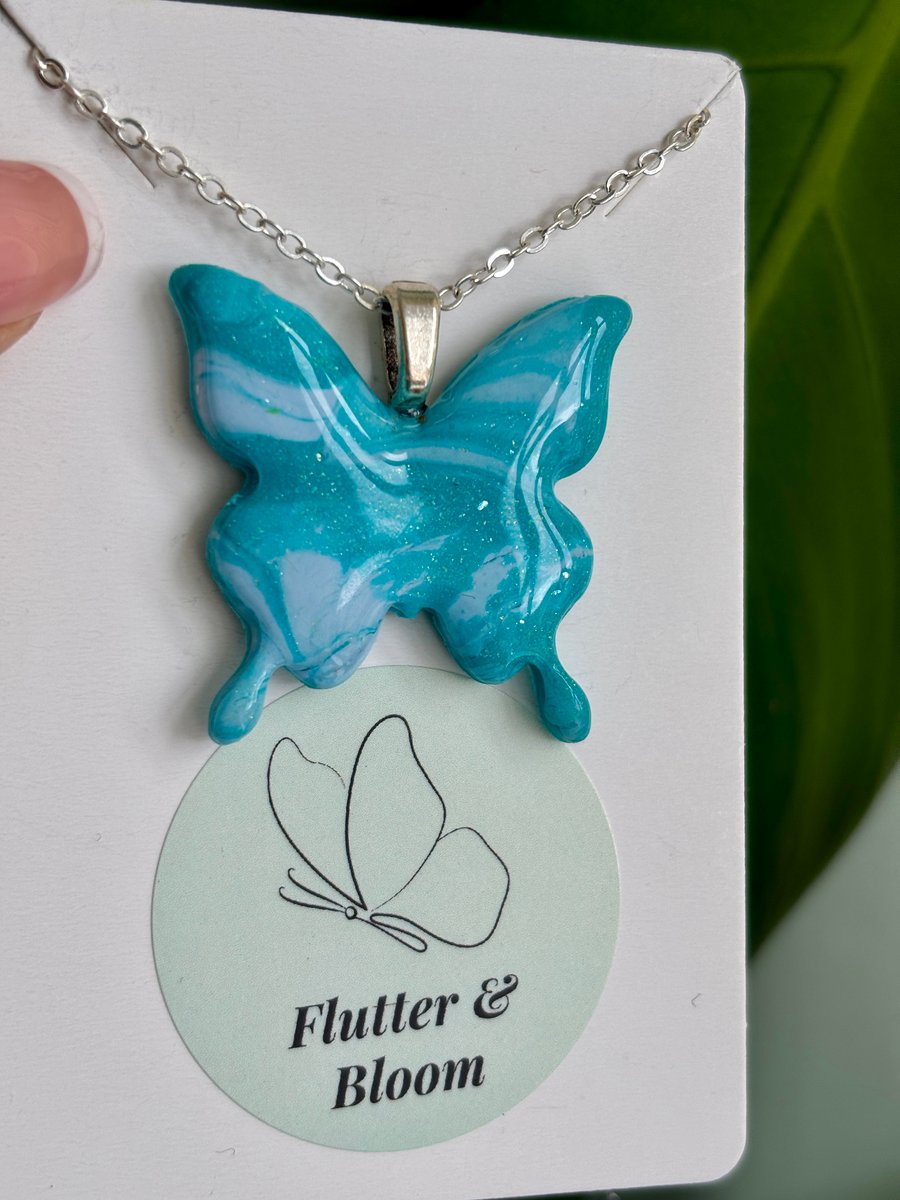 Serene Turquoise & White Marbled Butterfly Pendant Necklace 