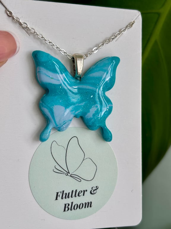 Serene Turquoise & White Marbled Butterfly Pendant Necklace 