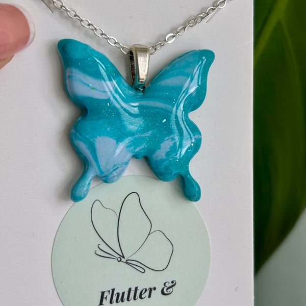 Serene Turquoise & White Marbled Butterfly Pendant Necklace 