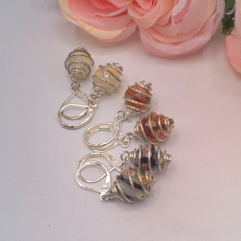 Earrings With Caged Millefiori Bead Earrings, Gift for Her, Millefiori Earrings
