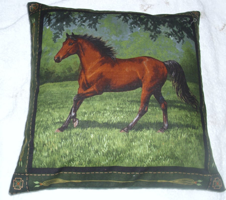 Chestnut Stallion trotting in a field cushion