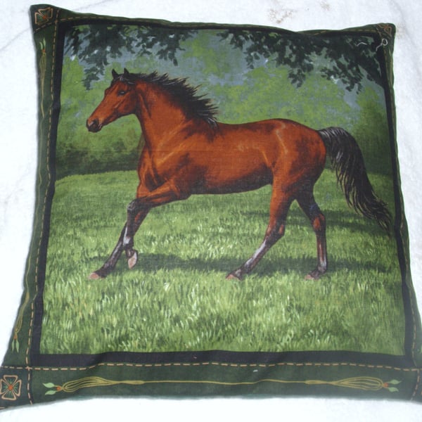 Chestnut Stallion trotting in a field cushion