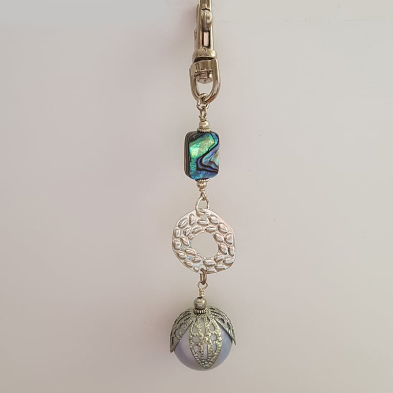 Paua Shell Bag Charm with Lilac Bead - Silver Handbag Clip