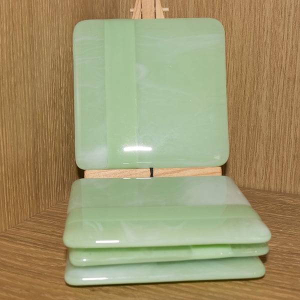 Set of 4 Streaky Green Fused Glass Coasters - 9144