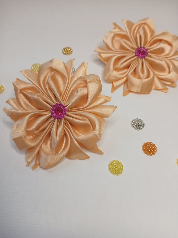 Peach Ribbon Flower Hair Ties – Handmade Satin Accessories Set of 2
