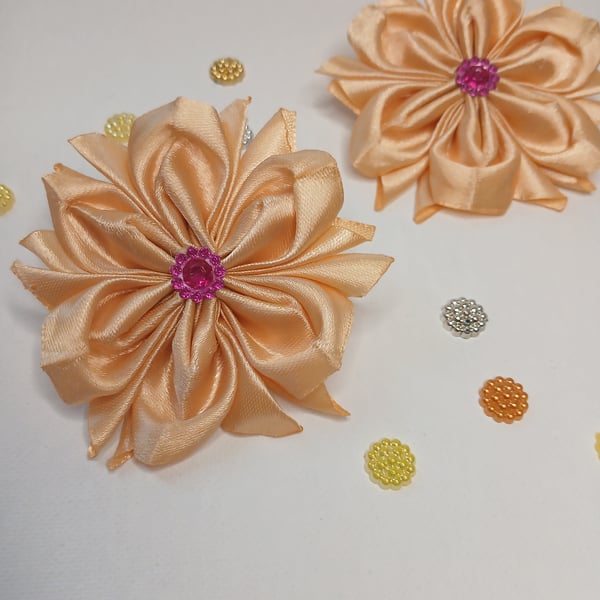 Peach Ribbon Flower Hair Ties – Handmade Satin Accessories Set of 2