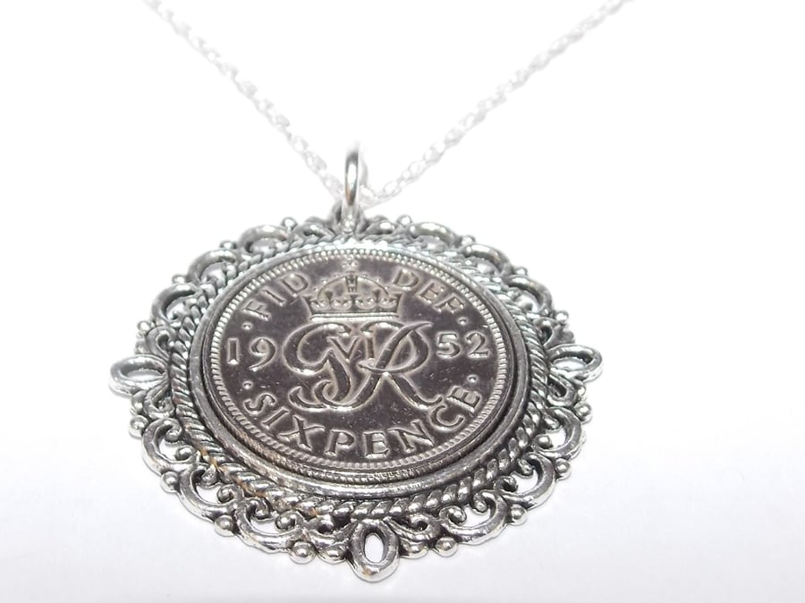 Fancy Pendant 1952 Lucky sixpence 1952 Birthday plus a Sterling Silver 18in Chai