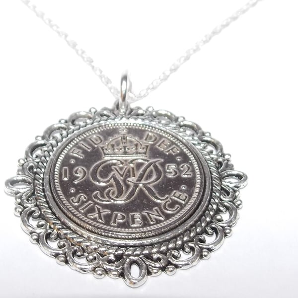 Fancy Pendant 1952 Lucky sixpence 1952 Birthday plus a Sterling Silver 18in Chai
