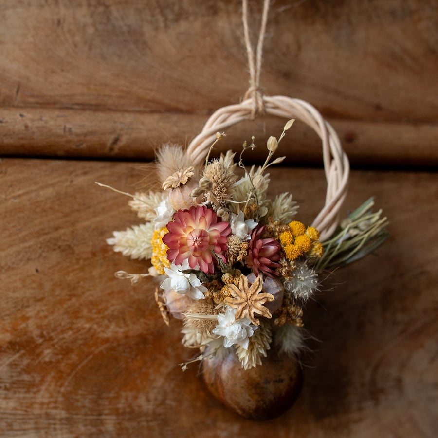 Mini handmade dried flower pink peachy and yellow wreath gift hanging