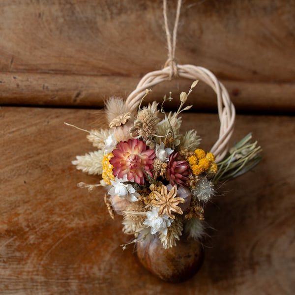 Mini handmade dried flower pink peachy and yellow wreath gift hanging