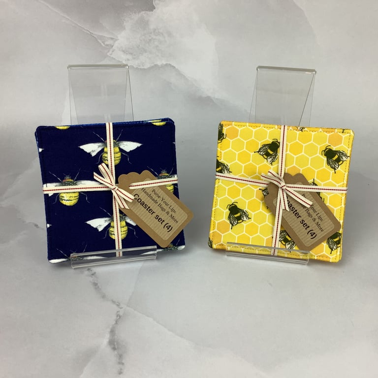 Bee coasters, Set of 4 bumble bee fabric coasters, 2 options, Handmade