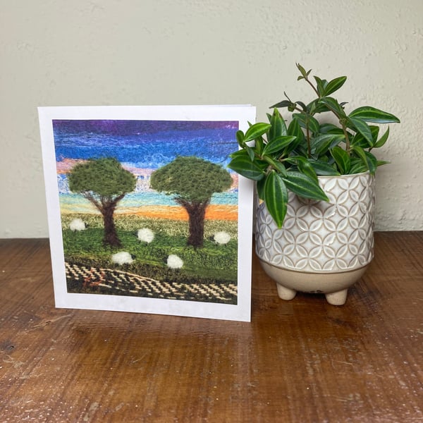 Card, blank, print of original textile art, sheep and trees at sunset (2)