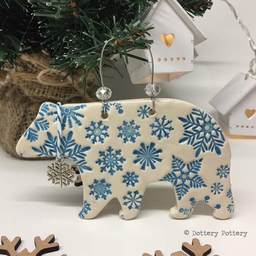 Ceramic Polar Bear with little snowflake charm. Pottery Christmas decoration
